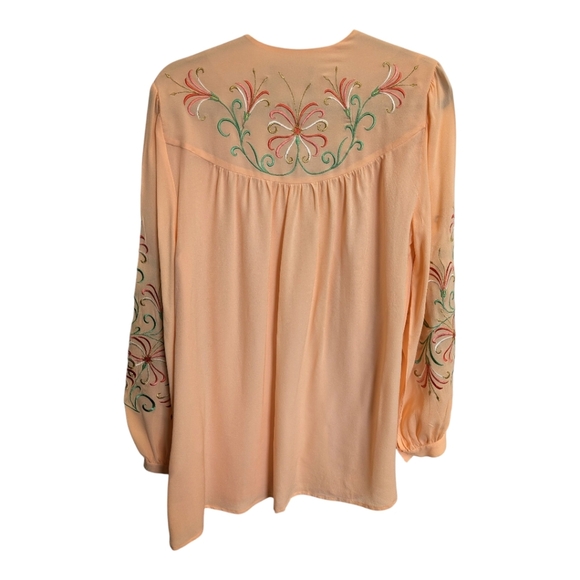 Bob Mackie Silk Peach Blouse Embroidered Button Down Long Sleeve Wearable Art - Picture 3 of 3